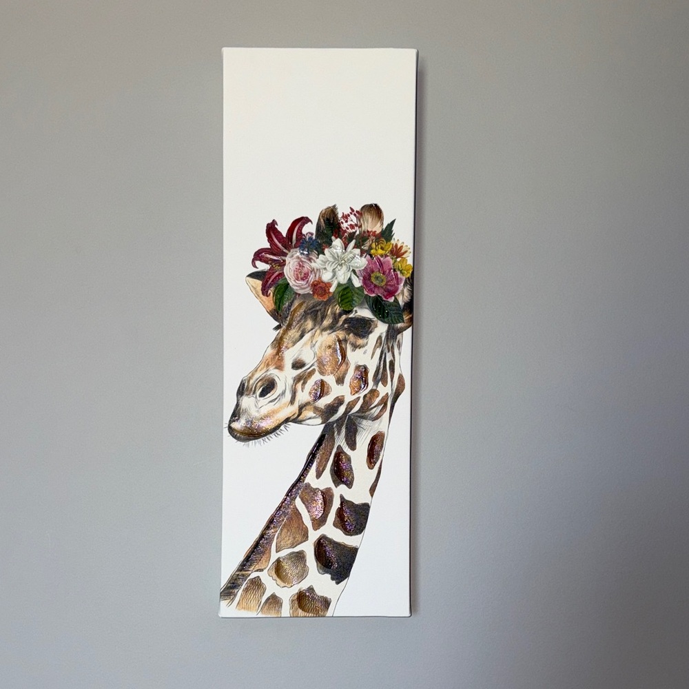 Floral Crown Giraffe Canvas Wall Art - White Background